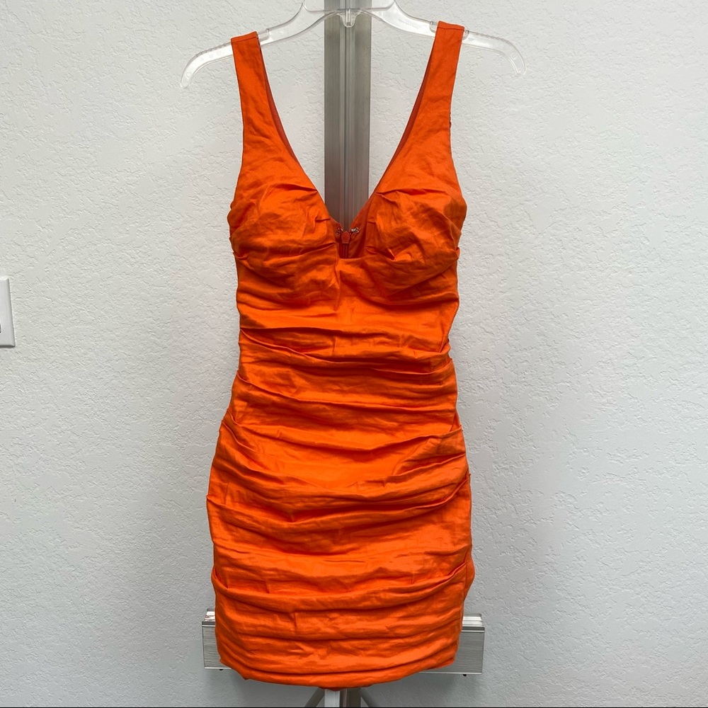 Nicole Miller Artelier Bodycon Ruched Stretch Mini Dress Coral Orange Size 4